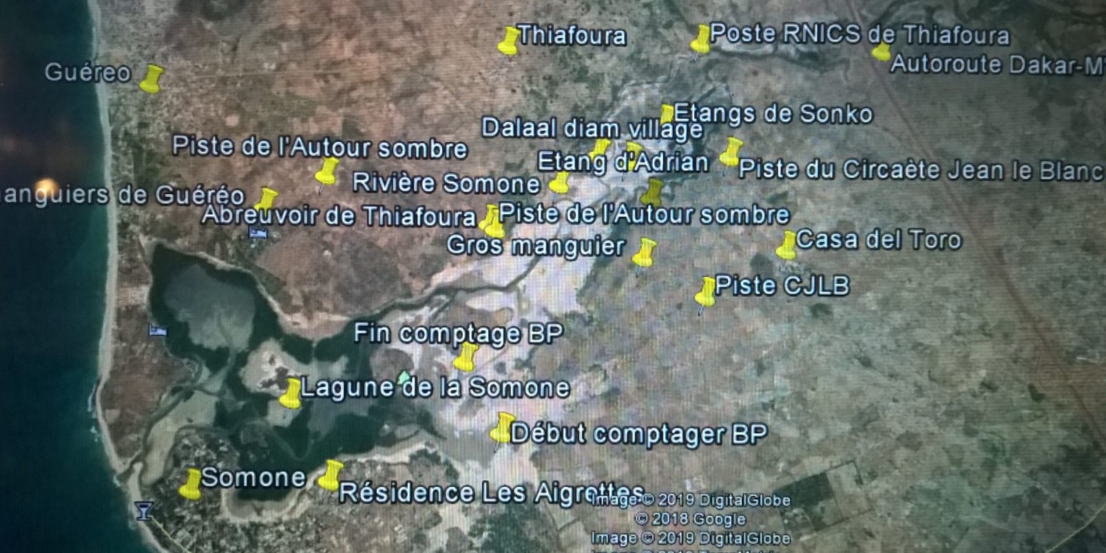 Carte de situation des principaux Sites d'Intérêt Naturaliste de la Brousse de Somone et des villages avoisinants. 